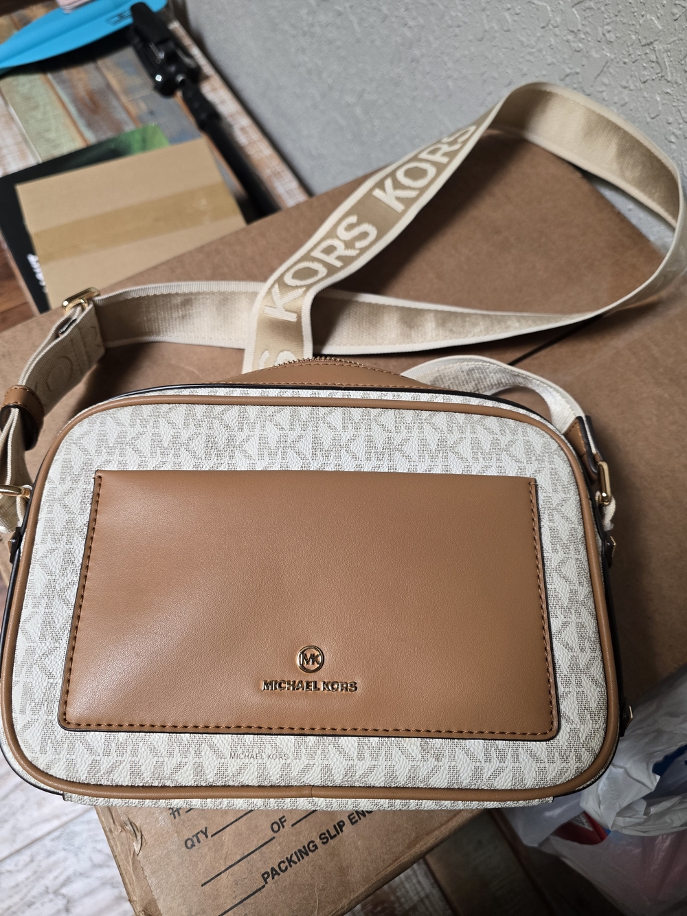 Michael Kors Tan and White Crossbody Bag